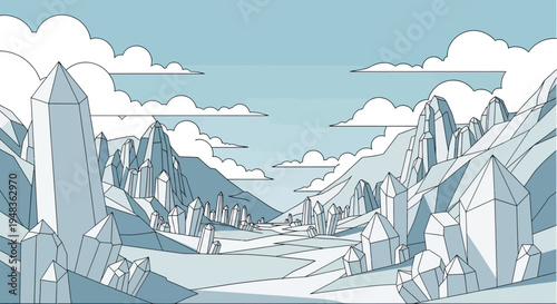 A stylized crystalline landscape under a cloudy sky