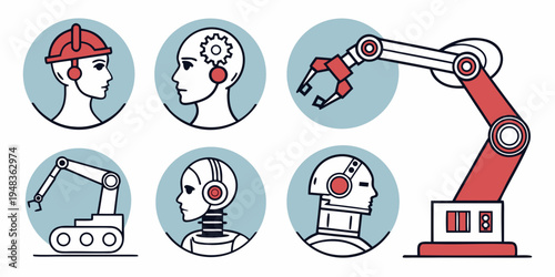 industrial robot arm with various head and tool attachments Vector