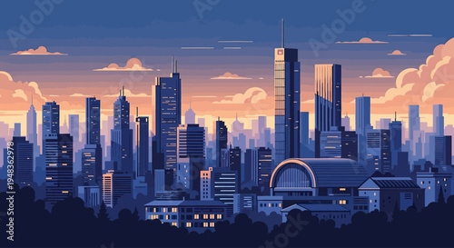 Cityscape at dusk with warm clouds and illuminated windows