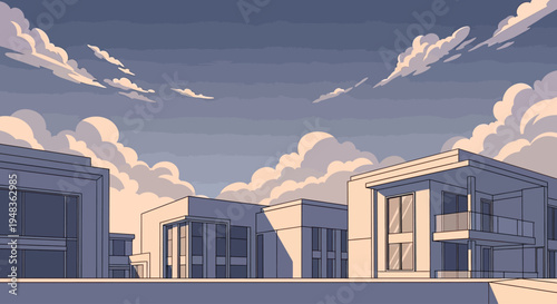 Modern geometric buildings stand under a cloudy, dusky sky