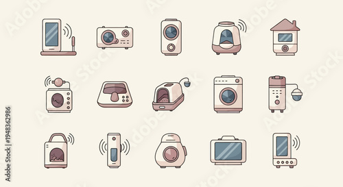 A collection of cartoon-style illustrations of various smart home devices, including pet feeders and speakers