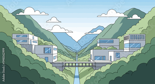 Modern homes nestled in lush green valleys under a pale blue sky