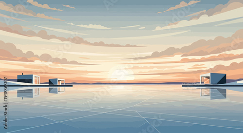 Modern structures flank calm water under a cloudy, colorful sunset sky