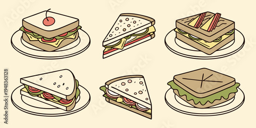 a set of different types of sandwiches on plates Vector