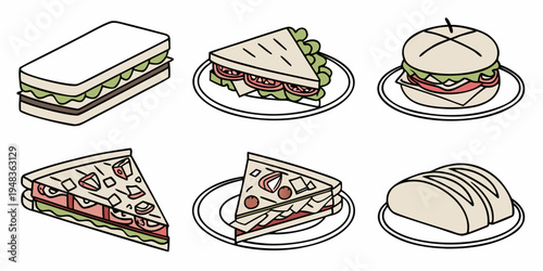 a variety of sandwiches on plates and a cutting board Vector