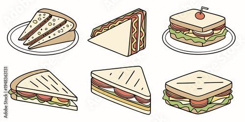 a set of six different sandwich types shown cut in various ways on plates Vector