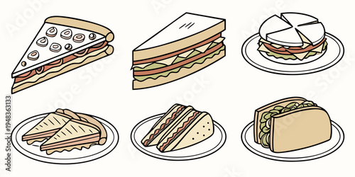 a variety of sandwiches and slices of pizza Vector