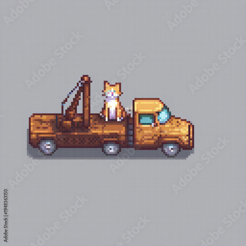 A cat perched on a truck, with a crane in the background, and a pixel art style.