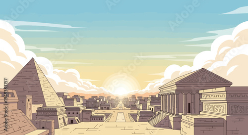 Ancient city with pyramid and grand temple bathed in sunrise glow