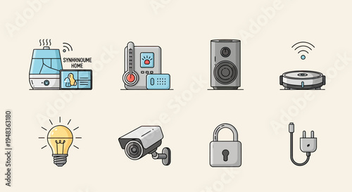 Humidifier, thermometer, speaker, robot vacuum, lightbulb, camera, lock, plug