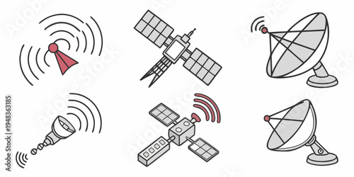 a collection of satellite communication devices and antennas Vector