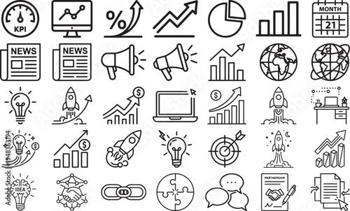 Business Marketing KPI and Global Growth Strategy Icons