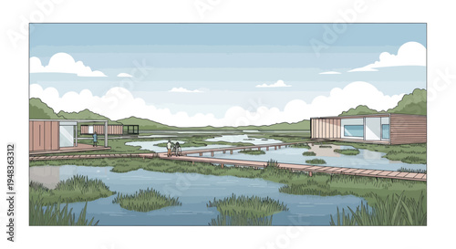 Modern cabins on stilts over a wetland, connected by wooden walkways