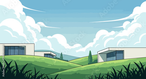 Minimalist modern homes amidst rolling green hills under a vast sky