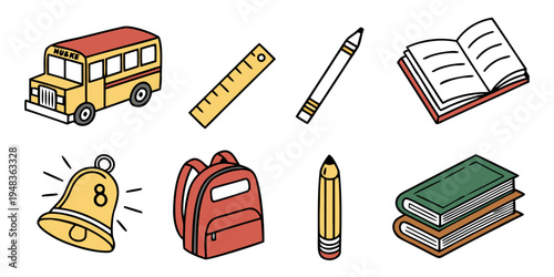 a collection of school supplies and transportation Vector