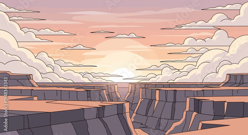 A majestic canyon under a hazy, pastel sunset sky with scattered clouds