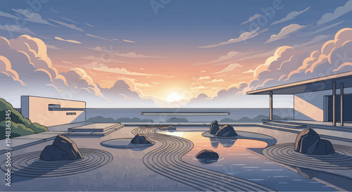 Zen garden with modern architecture and tranquil seascape at sunset