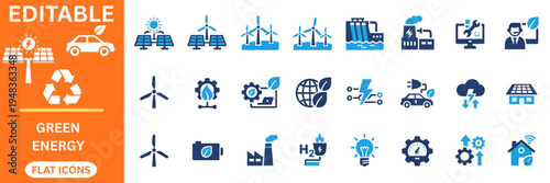 Sustainable green energy and renewable resource flat icons set. Solar panels, wind turbines, electric car, recycling, hydroelectric dam, bio fuel