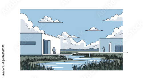 Modern architecture blends with nature; two figures stand near a serene pond