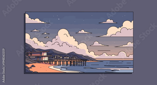 Coastal modern homes and pier against a twilight sky with clouds