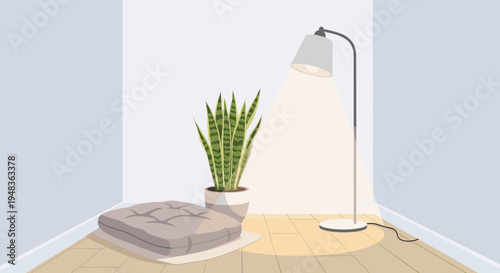 A minimalist room corner features a tall floor lamp illuminating a potted snake plant and a comfortable grey floor cushion.