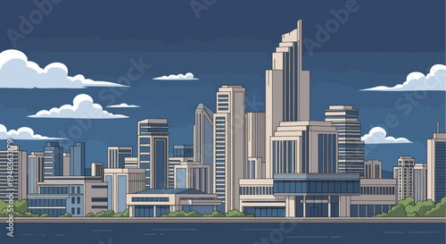 Stylized cityscape under a cloudy, deep blue sky