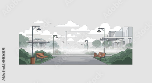 A misty park scene with benches, lampposts, and modern architecture