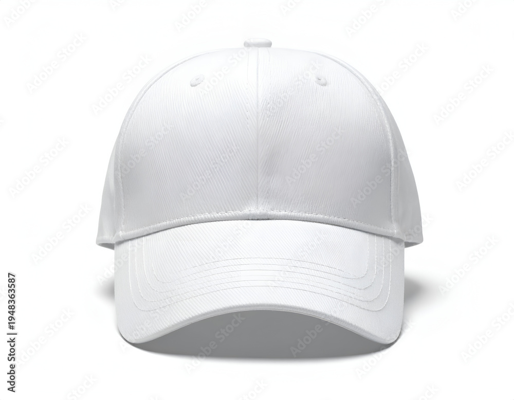 Fototapeta premium Plain white baseball cap, front view, isolated on white