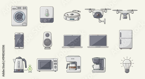 Flat illustration of various home appliances and electronic devices, including smart home tech