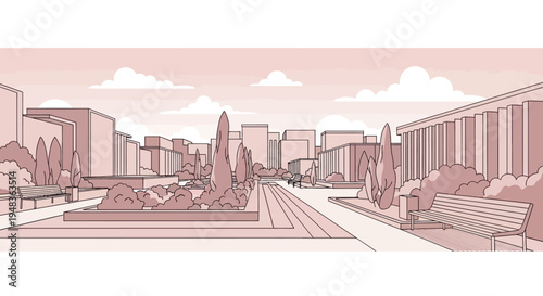 A stylized sketch of a modern plaza with manicured trees, benches, and angular buildings