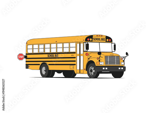 Vector illustration of a classic yellow school bus with a stop sign extended, perfect for educational themes and transportation graphics