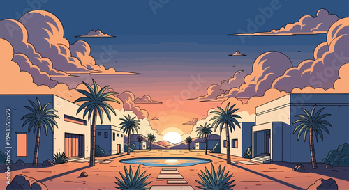 A sunset paints the sky in warm hues over a tranquil desert oasis with modern architecture