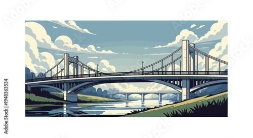 A suspension bridge crosses a calm river under a cloudy sky