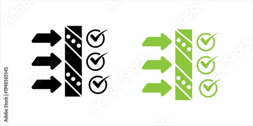 Minimal outline icon set. showing arrows passing through a process with check marks, representing workflow validation, quality control, approval system, and step-by-step verification.