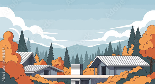 Modern homes nestled amidst autumn foliage and distant misty mountains
