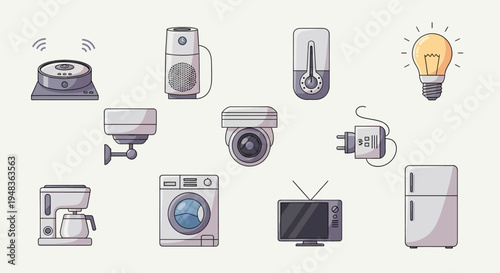 A collection of electronic devices and appliances, including security cameras, a coffee maker, and a washing machine