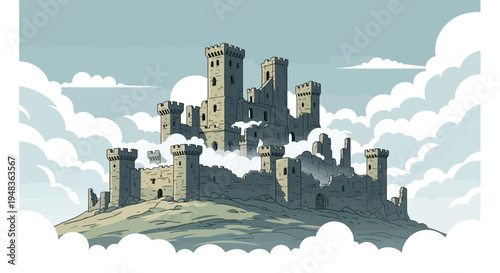 Majestic stone castle atop a hill surrounded by fluffy clouds under a light blue sky