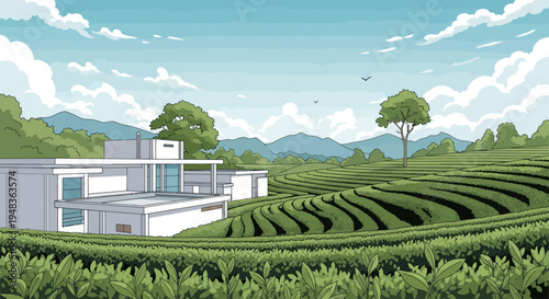 Modern white building adjacent to sprawling green tea fields and distant mountains