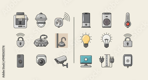 Assortment of modern connected home technology icons