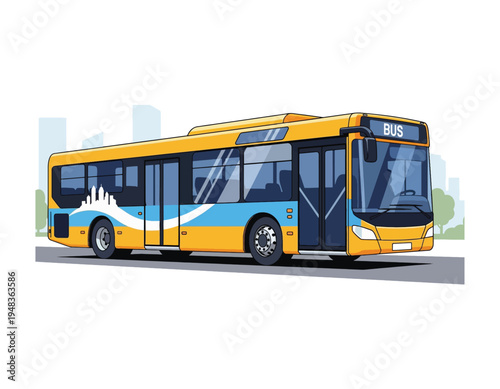 Modern public transportation city bus with large windows and stylish blue and yellow design, featuring an urban backdrop illustration