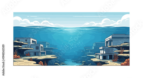 Modern underwater architecture nestled among coral reefs and schools of fish