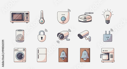 Flat icons of smart home devices and appliances