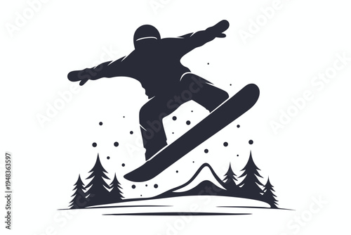 A lone snowboarder's silhouette performs a jump against a backdrop of a deep orange sky.