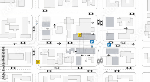 Overhead map of city grid with buildings, cars, and parking spots.