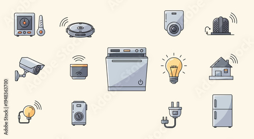 Diverse smart home devices, including cameras, appliances, and sensors