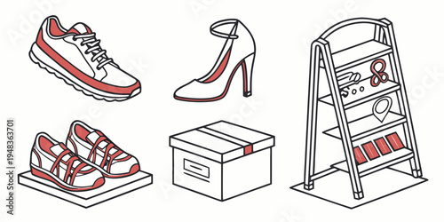 a collection of red and white athletic shoes and a shoe rack Vector