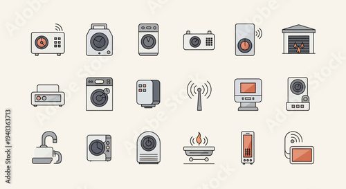 Smart home devices including alarms, speakers, cameras, appliances, and controls