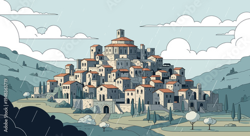 Hillside village with terracotta roofs endures a gentle, overcast rain shower