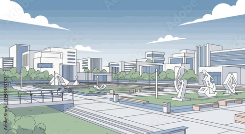 Modern cityscape plaza with abstract sculptures, buildings, and scattered clouds