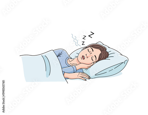 Illustration of a woman sleeping peacefully on a pillow, with subtle snoring indications above her head